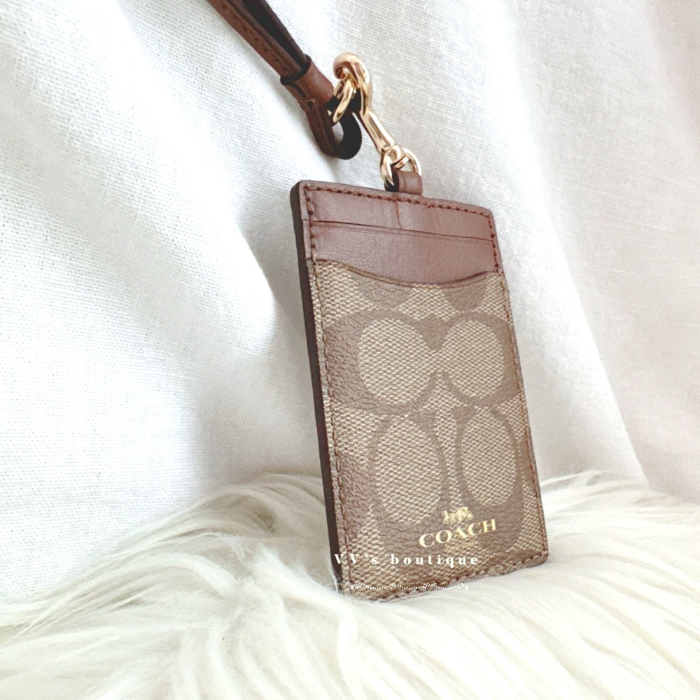 NWT Coach ID Lanyard Card Holder Wallet In Signature Canvas Khaki Saddle 63274 - Picture 3 of 3